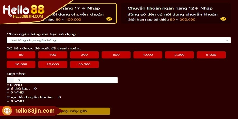 Nạp tiền HELLO88 qua chuyển khoản hỗ trợ hạn mức cao